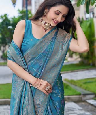 teal blue silk blend jacquard woven saree with zari border and unstitch blouse piece 3