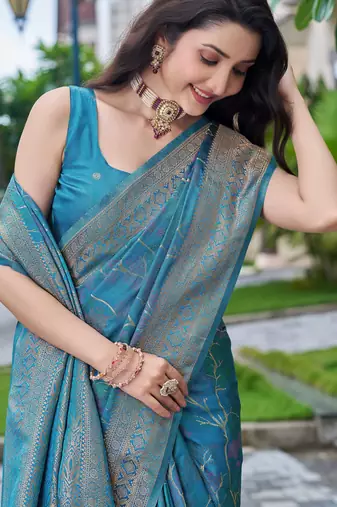 teal blue silk blend jacquard woven saree with zari border and unstitch blouse piece
