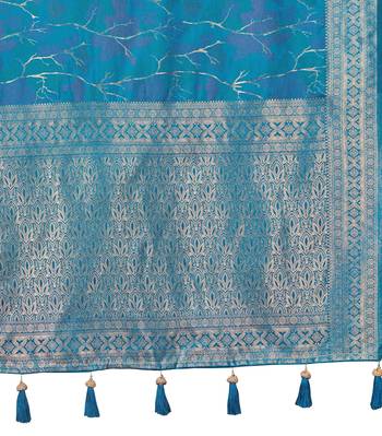 teal blue silk blend jacquard woven saree with zari border and unstitch blouse piece 5