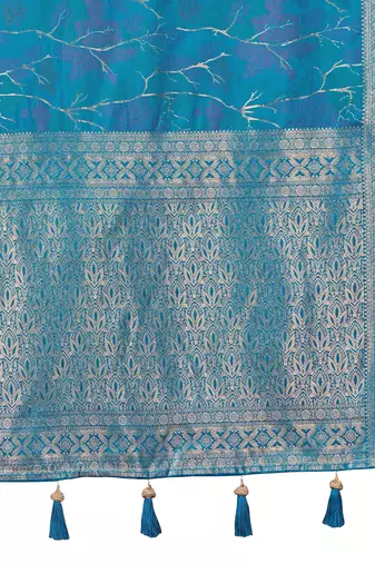 teal blue silk blend jacquard woven saree with zari border and unstitch blouse piece