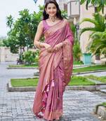 baby pink silk blend jacquard woven saree with zari border and unstitch blouse piece