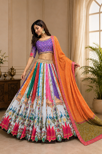 Multi Mirror Work Cotton Navratri Lahenga Choli Set