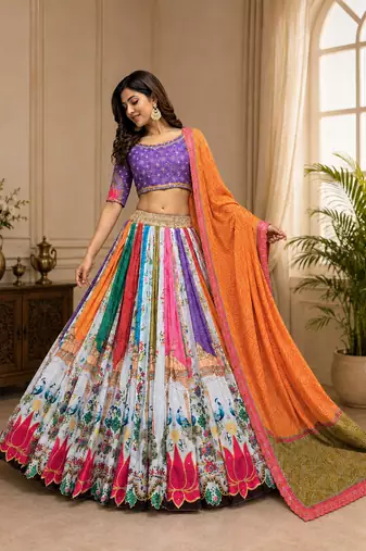 Multi Mirror Work Cotton Navratri Lahenga Choli Set