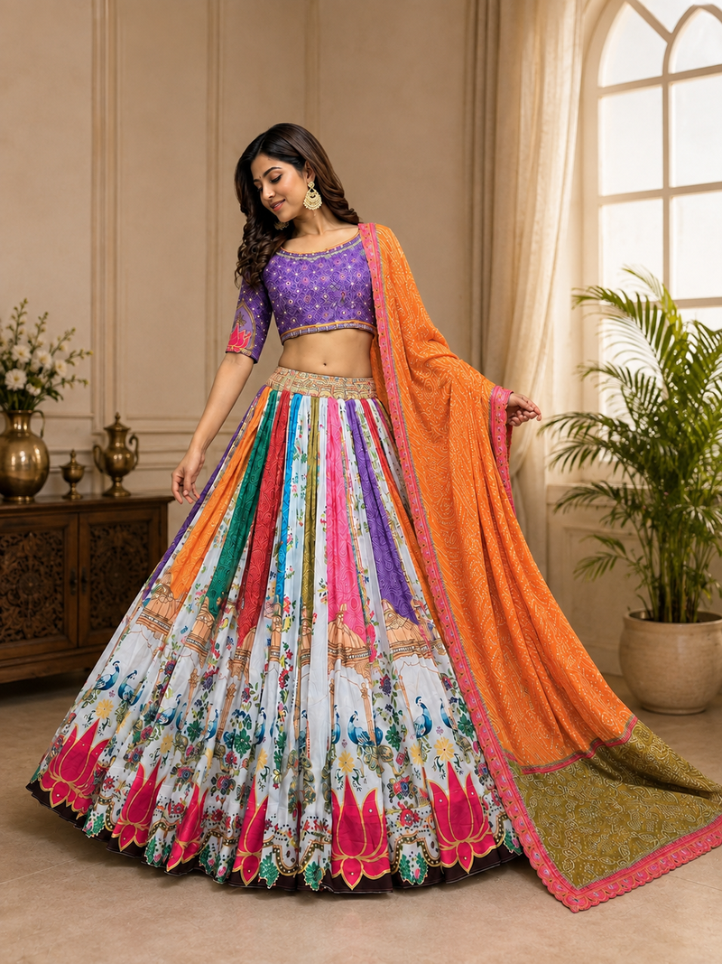 Multi Mirror Work Cotton Navratri Lahenga Choli Set