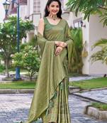 green silk blend jacquard woven saree with zari border and unstitch blouse piece