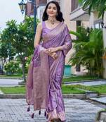 purple silk blend jacquard woven saree with zari border and unstitch blouse piece