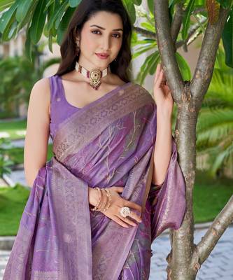 purple silk blend jacquard woven saree with zari border and unstitch blouse piece 3