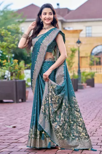 teal blue silk blend jacquard woven saree with zari border and unstitch blouse piece