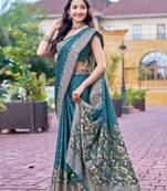 teal blue silk blend jacquard woven saree with zari border and unstitch blouse piece