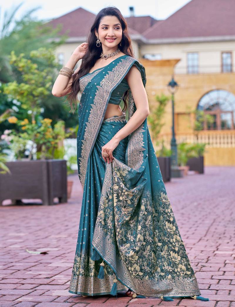 teal blue silk blend jacquard woven saree with zari border and unstitch blouse piece