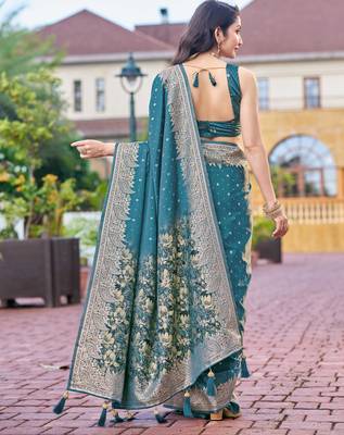 teal blue silk blend jacquard woven saree with zari border and unstitch blouse piece 2