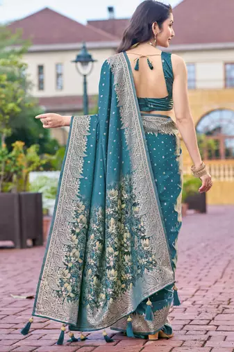 teal blue silk blend jacquard woven saree with zari border and unstitch blouse piece