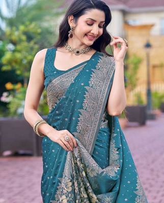 teal blue silk blend jacquard woven saree with zari border and unstitch blouse piece 3