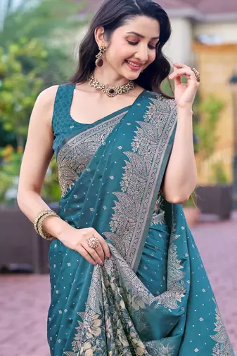 teal blue silk blend jacquard woven saree with zari border and unstitch blouse piece