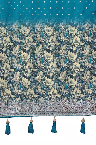 teal blue silk blend jacquard woven saree with zari border and unstitch blouse piece