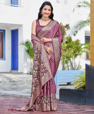 baby pink silk blend jacquard woven saree with zari border and unstitch blouse piece 1