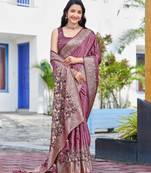 baby pink silk blend jacquard woven saree with zari border and unstitch blouse piece