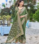 green silk blend jacquard woven saree with zari border and unstitch blouse piece