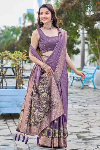 purple silk blend jacquard woven saree with zari border and unstitch blouse piece