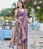 purple silk blend jacquard woven saree with zari border and unstitch blouse piece