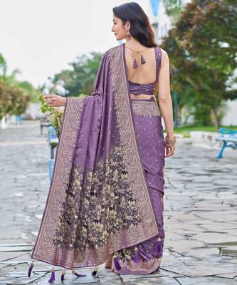 purple silk blend jacquard woven saree with zari border and unstitch blouse piece 2