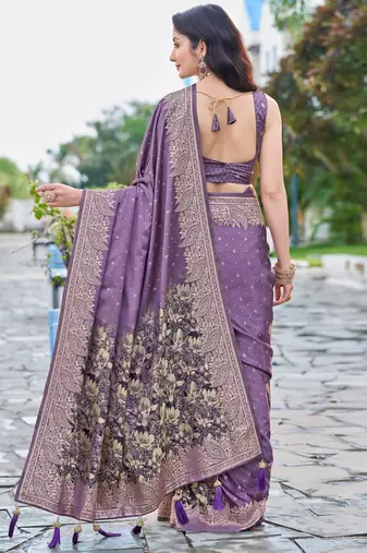 purple silk blend jacquard woven saree with zari border and unstitch blouse piece