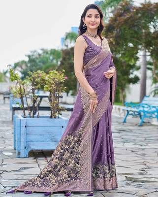purple silk blend jacquard woven saree with zari border and unstitch blouse piece 3