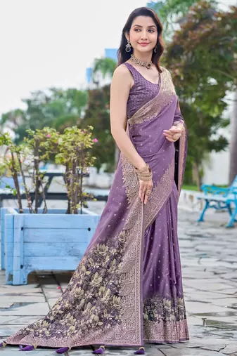 purple silk blend jacquard woven saree with zari border and unstitch blouse piece