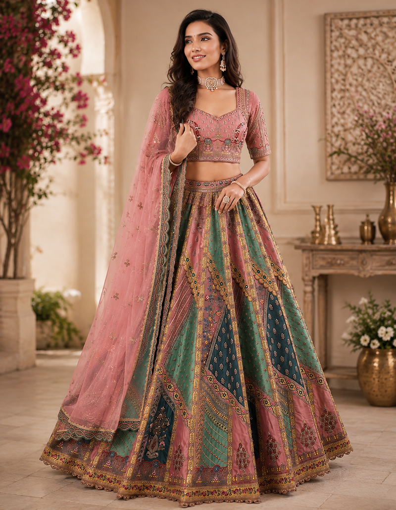 multicolor color Multi Thread work Sequins and Diamond Work Various lace Work silk blend Lehenga Choli set