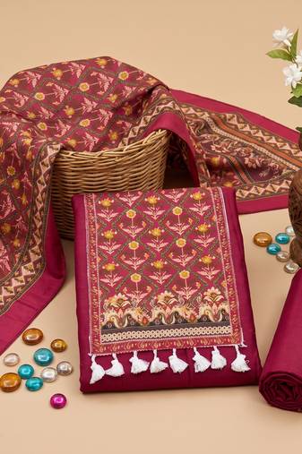 women's magenta unstitched reyon cotton dress material with printed dupatta