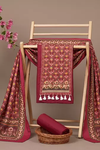 women's magenta unstitched reyon cotton dress material with printed dupatta
