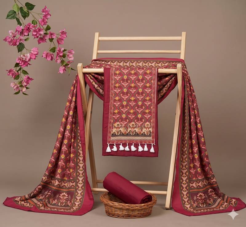 women's magenta unstitched reyon cotton dress material with printed dupatta
