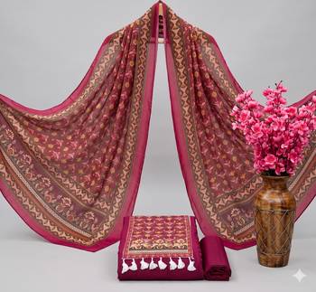 women's magenta unstitched reyon cotton dress material with printed dupatta 3