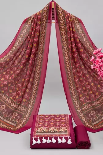 women's magenta unstitched reyon cotton dress material with printed dupatta
