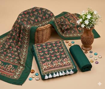 women's green unstitched reyon cotton dress material with printed dupatta 2
