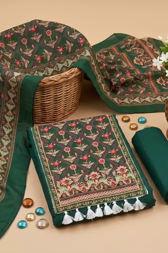 women's green unstitched reyon cotton dress material with printed dupatta