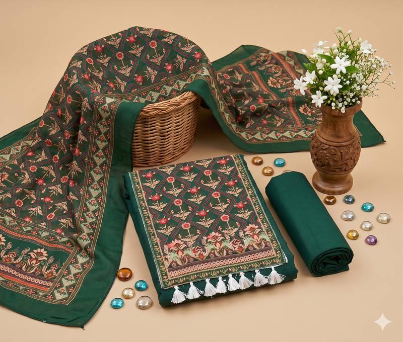 women's green unstitched reyon cotton dress material with printed dupatta