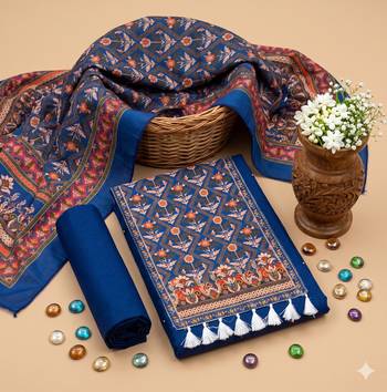 women's blue unstitched reyon cotton dress material with printed dupatta 1