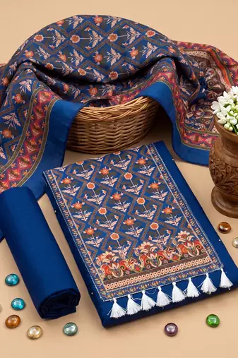 women's blue unstitched reyon cotton dress material with printed dupatta