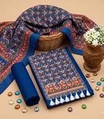 women's blue unstitched reyon cotton dress material with printed dupatta