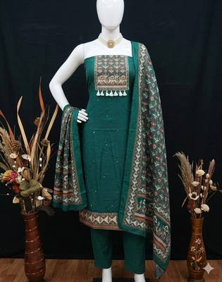 women's green unstitched reyon cotton dress material with printed dupatta 1
