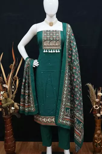 women's green unstitched reyon cotton dress material with printed dupatta