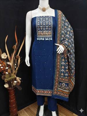 women's blue unstitched reyon cotton dress material with printed dupatta 2