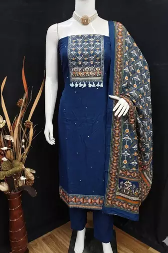women's blue unstitched reyon cotton dress material with printed dupatta