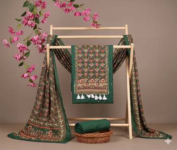 women's green unstitched reyon cotton dress material with printed dupatta 3