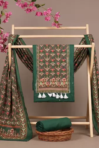 women's green unstitched reyon cotton dress material with printed dupatta
