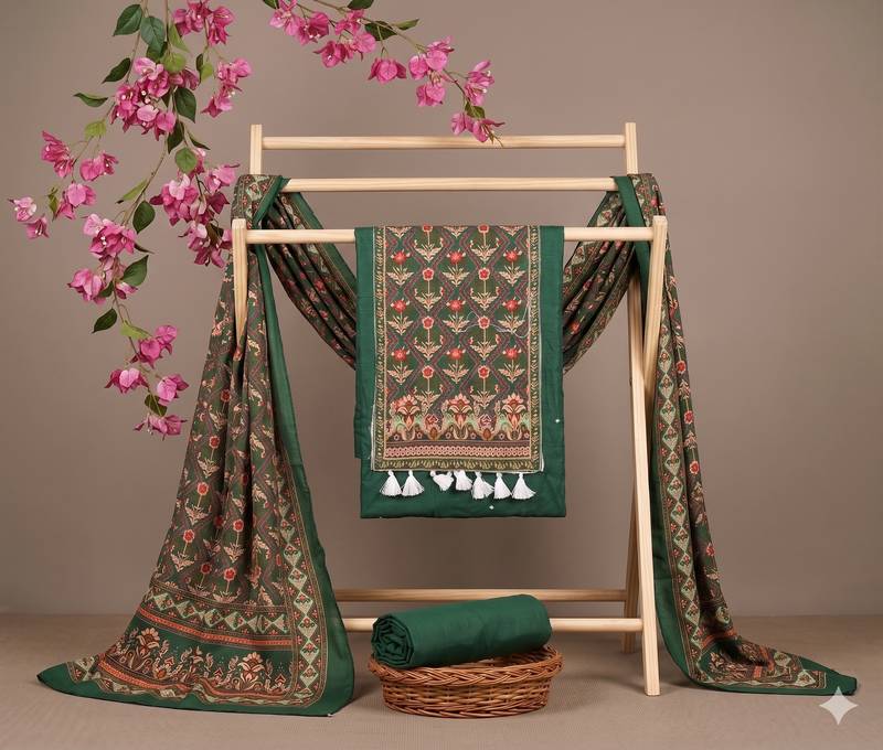 women's green unstitched reyon cotton dress material with printed dupatta