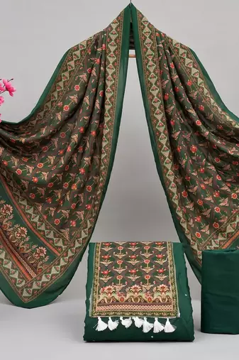 women's green unstitched reyon cotton dress material with printed dupatta