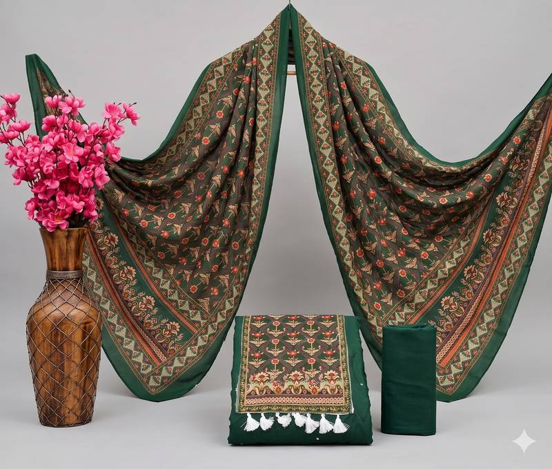 women's green unstitched reyon cotton dress material with printed dupatta