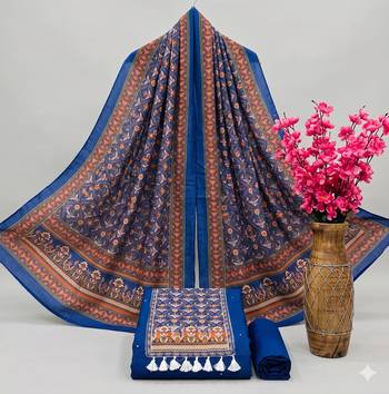 women's blue unstitched reyon cotton dress material with printed dupatta 3